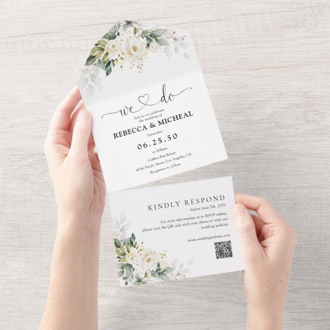 White Roses All in One Wedding Invite (Tearaway)