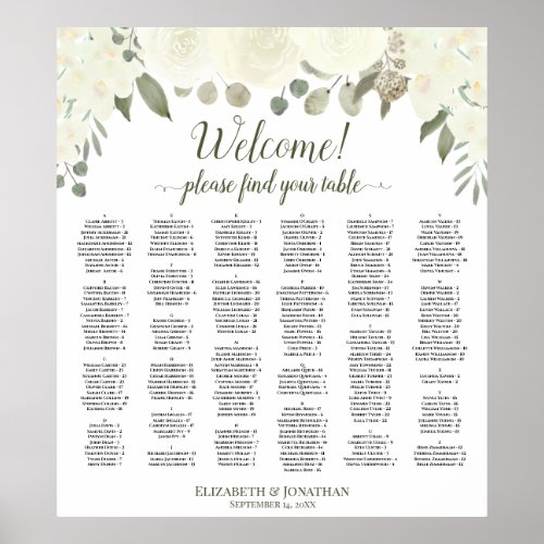 White Roses Alphabetical Welcome Seating Chart