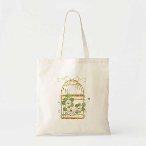 White Roses and A Gold Birdcage Gardeners Tote Ba