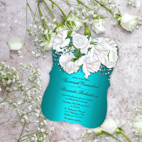 White Roses and Aqua Wedding Invitation