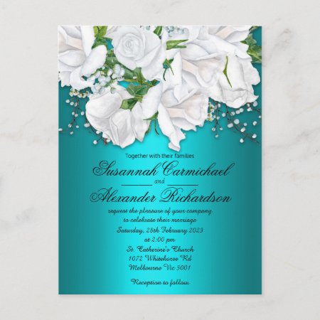 White Roses and Aqua Wedding Invitation