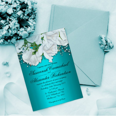 White Roses and Aqua Wedding Invitation