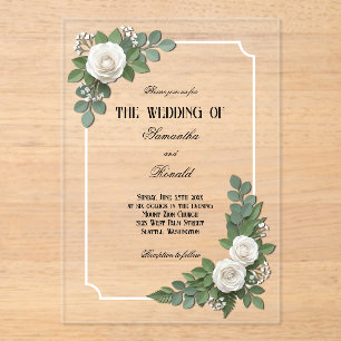 White Roses and Baby's Breath Acrylic Wedding Invitations