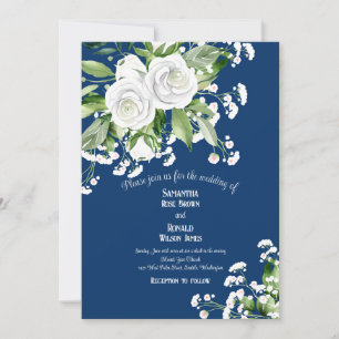 White Roses and Baby's Breath on Navy Blue Wedding Invitation