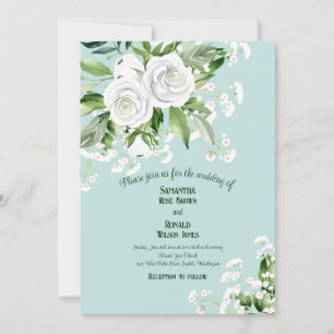 White Roses and Baby's Breath on Pale Blue Wedding Invitation