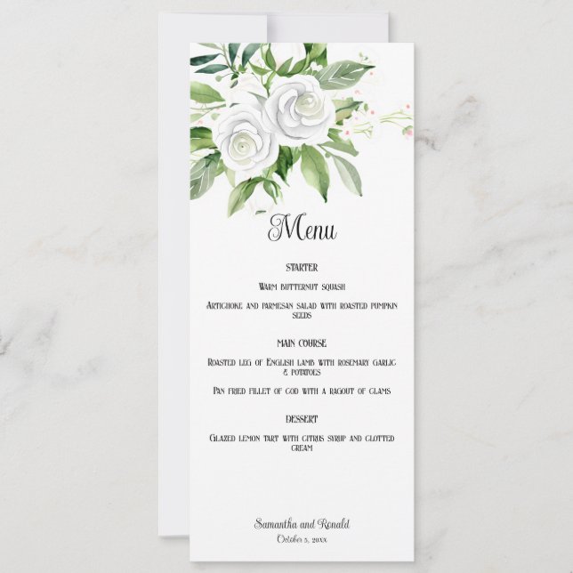 White Roses and Baby's Breath Wedding Menu Card (Front)
