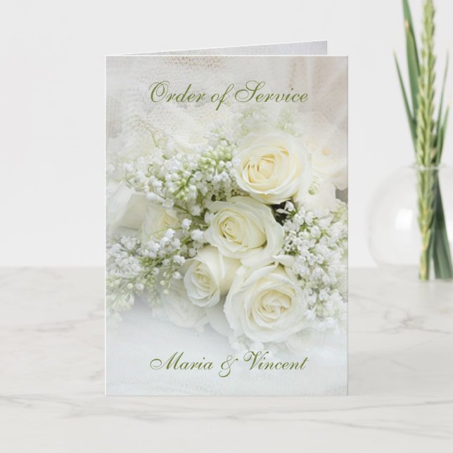 White roses and baby's breath Wedding program (Front)