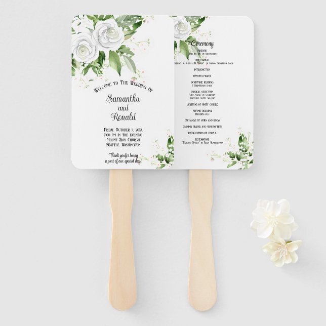 White Roses and Baby's Breath Wedding Program Hand Fan (Front and Back)