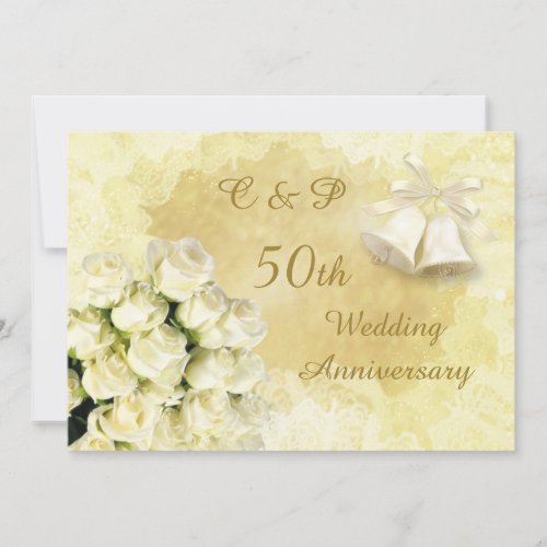 White roses and bells 50th Wedding Anniversary Personalized Announcements