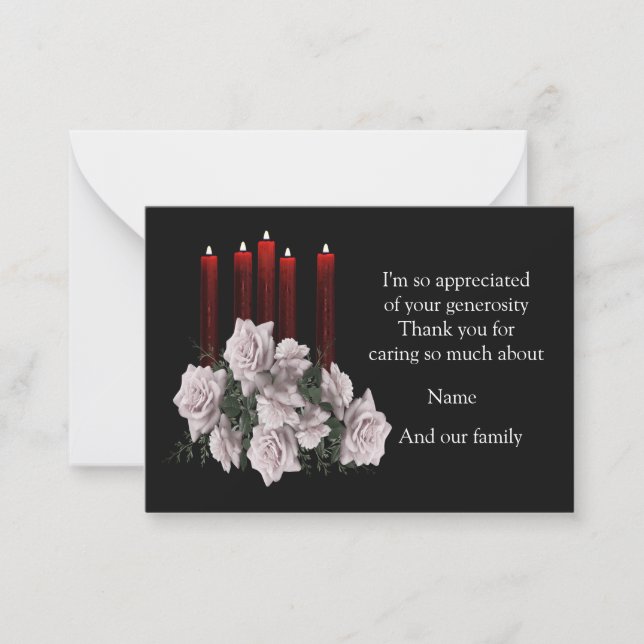 White Roses And Candle After Funeral Thank You Note Card (Front)