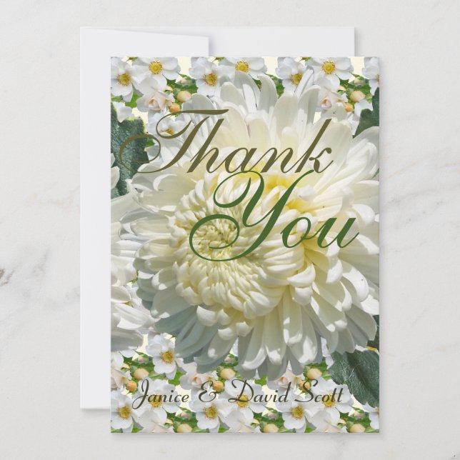 White Roses and Chrysanthemum Wedding Thank You (Front)