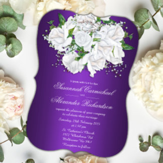 White Roses and Deep Purple Wedding Invitation