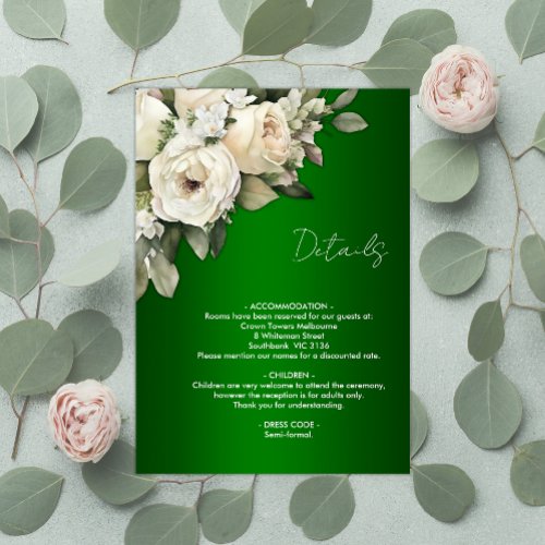 White Roses and Emerald Green Boho Wedding Details Enclosure Card