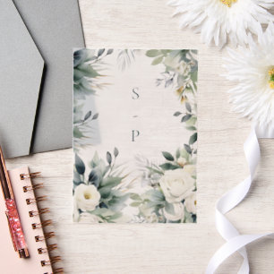 White roses and eucalyptus border vellum invitations