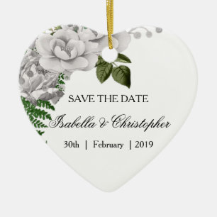White Roses and Ferns Wedding Save the Date Ceramic Ornament