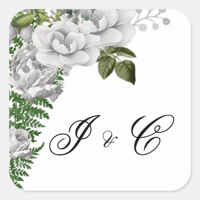 White Roses and Ferns Wedding Square Sticker (Front)