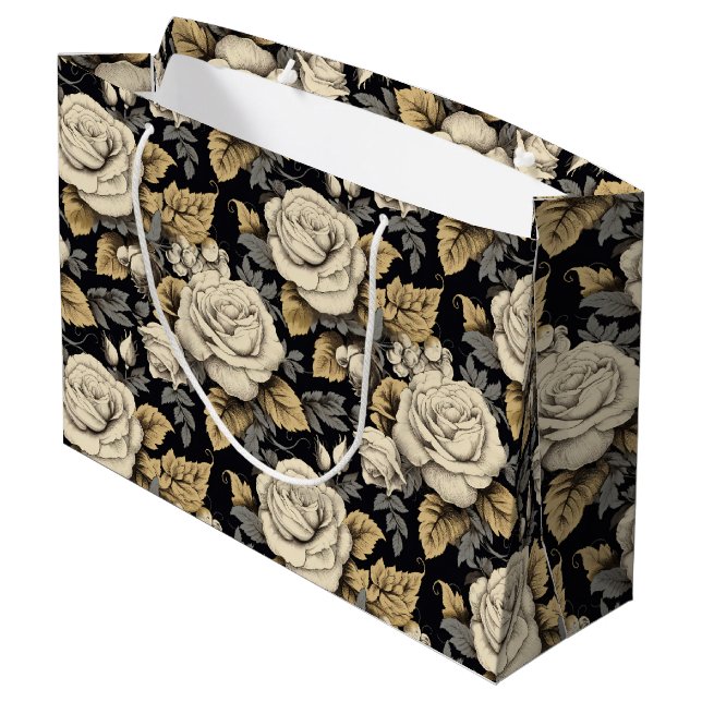 White Roses And Gold Leaves Floral Pattern Large Gift Bag (Back Angled)