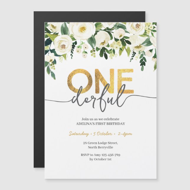 White roses and gold ONEderful birthday Invitation (Front/Back)