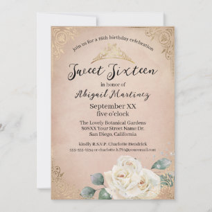 White Roses and Gold Vintage Pink Sweet Sixteen Invitation