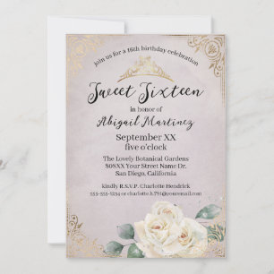 White Roses and Gold Vintage Purple Sweet Sixteen Invitation