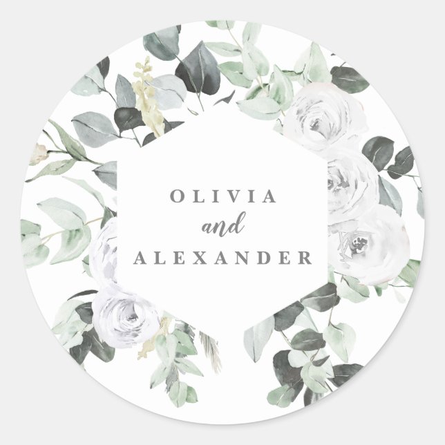 White Roses and Greenery floral wedding Classic Round Sticker (Front)