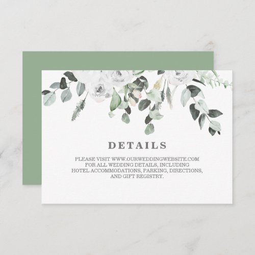 White Roses and Greenery floral wedding Details RSVP Card