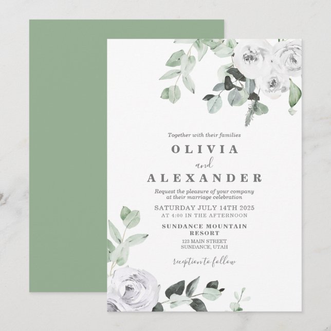 White Roses and Greenery floral wedding Invitation (Front/Back)