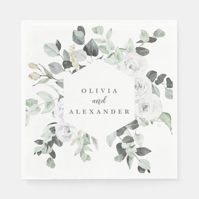 White Roses and Greenery floral wedding Napkins (Front)