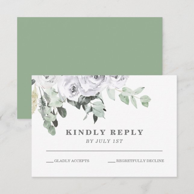 White Roses and Greenery floral wedding RSVP Card (Front/Back)