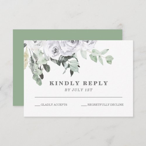 White Roses and Greenery floral wedding RSVP Card