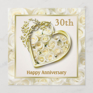 White roses and heart 30th Wedding Anniversary Invitation