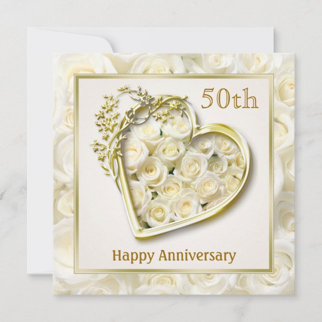 White roses and heart 50th Wedding Anniversary Invitation (Front)