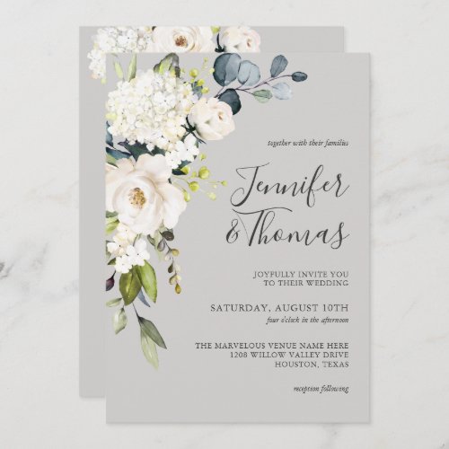 White Roses and Hydrangea Elegant Floral Wedding Invitation