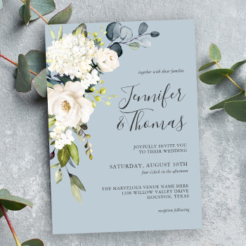 White Roses And Hydrangea On Blue Floral Wedding Invitation by DancingPelican at Zazzle