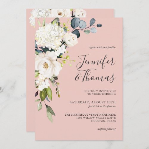 White Roses and Hydrangea on Pink Floral Wedding Invitation