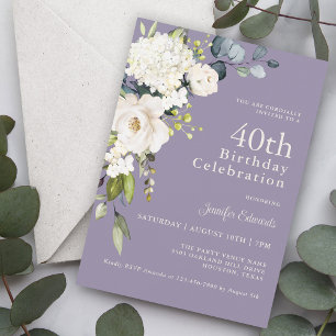 White Roses and Hydrangeas Elegant 40th Birthday Invitation