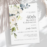 White Roses and Hydrangeas Elegant 40th Birthday Invitation<br><div class="desc">With a popular neutral color scheme, this feminine 40th birthday party invitation features a corner bouquet of white watercolor florals with trailing eucalyptus greenery. The flowers include roses, hydrangeas and matching mixed florals for a lovely effect. The text pairings used in this design feature a combination of popular serif fonts....</div>