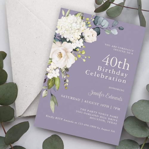 White Roses and Hydrangeas Elegant 40th Birthday Invitation