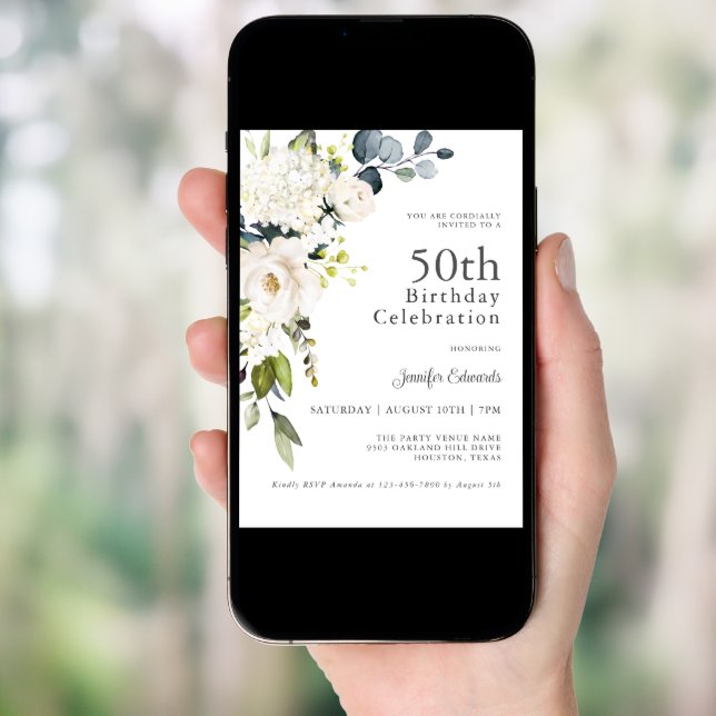 White Roses and Hydrangeas Elegant 50th Birthday Invitation (Front Digital)