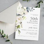 White Roses and Hydrangeas Elegant 50th Birthday Invitation<br><div class="desc">With a popular neutral color scheme, this feminine 50th birthday party invitation features a corner bouquet of white watercolor florals with trailing eucalyptus greenery. The flowers include roses, hydrangeas and matching mixed florals for a lovely effect. The text pairings used in this design feature a combination of popular serif fonts....</div>