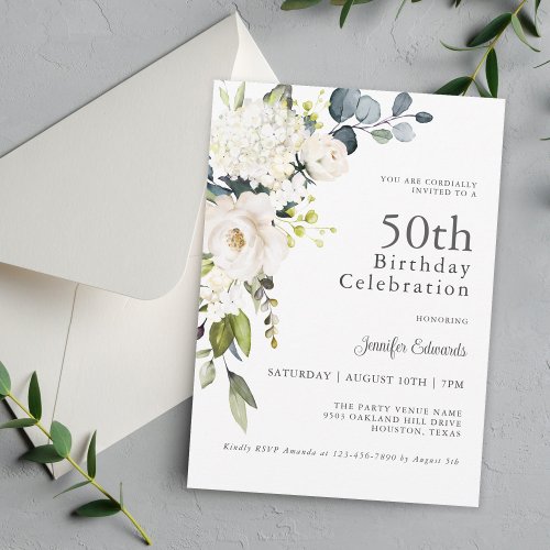 White Roses and Hydrangeas Elegant 50th Birthday Invitation