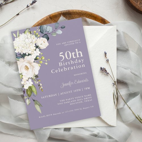 White Roses and Hydrangeas Elegant 50th Birthday Invitation
