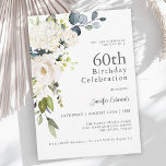 White Roses and Hydrangeas Elegant 60th Birthday Invitation<br><div class="desc">With a popular neutral color scheme, this feminine 60th birthday party invitation features a corner bouquet of white watercolor florals with trailing eucalyptus greenery. The flowers include roses, hydrangeas and matching mixed florals for a lovely effect. The text pairings used in this design feature a combination of popular serif fonts....</div>