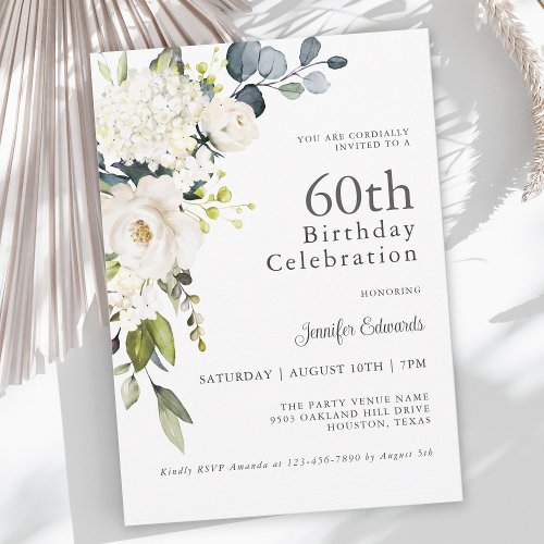 White Roses and Hydrangeas Elegant 60th Birthday Invitation