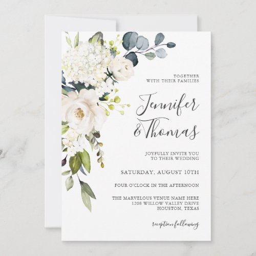 White Roses and Hydrangeas Elegant Floral Wedding Invitation