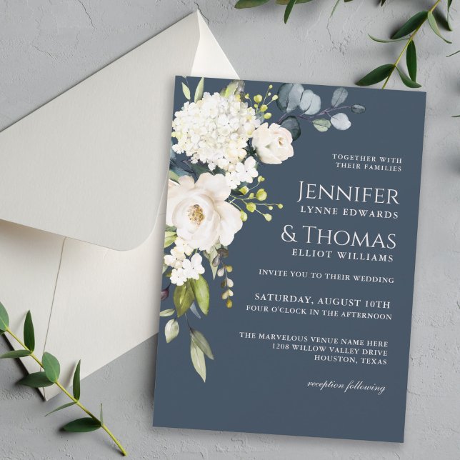 White Roses and Hydrangeas Elegant Floral Wedding Invitation (Creator Uploaded)