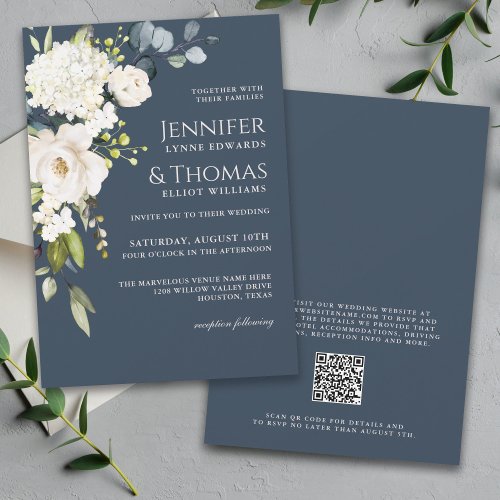 White Roses and Hydrangeas Elegant Floral Wedding Invitation