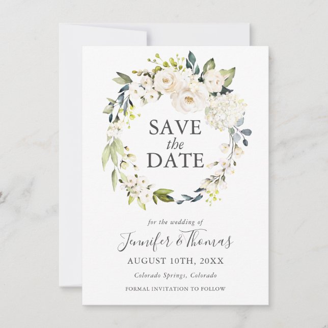 White Roses and Hydrangeas Floral Save the Date (Front)