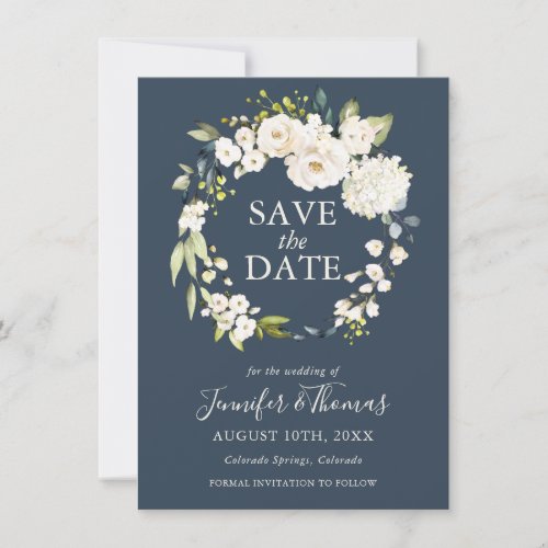 White Roses and Hydrangeas Floral Save the Date