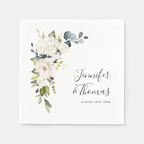 White Roses and Hydrangeas Floral Wedding Napkins